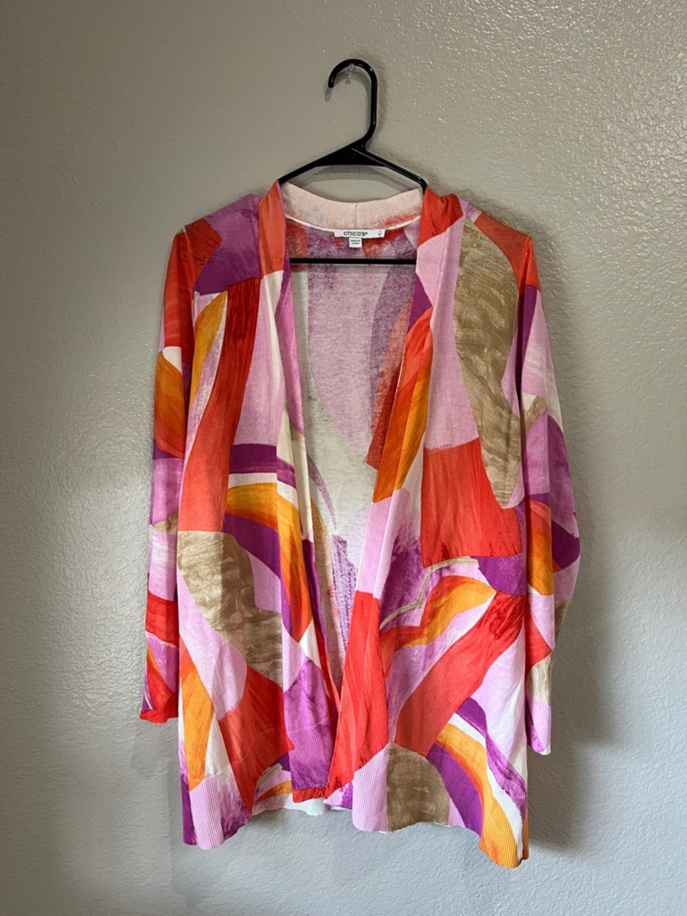 Chico's Multicolor Abstract Lightweight Pink Red Purple Open Front Cardigan Sz M